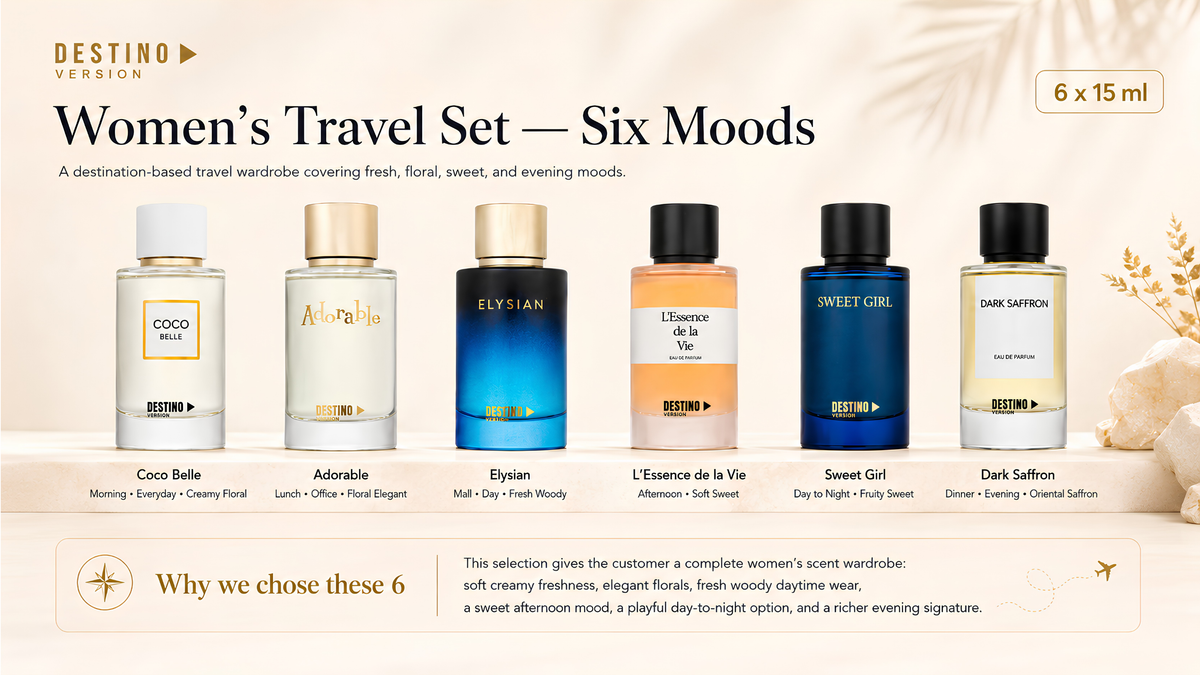 Women's Travel Set by DESTINO — six 15 ml fragrances: Coco Belle, Adorable, Elysian, L'Essence de la Vie, Sweet Girl and Dark Saffron