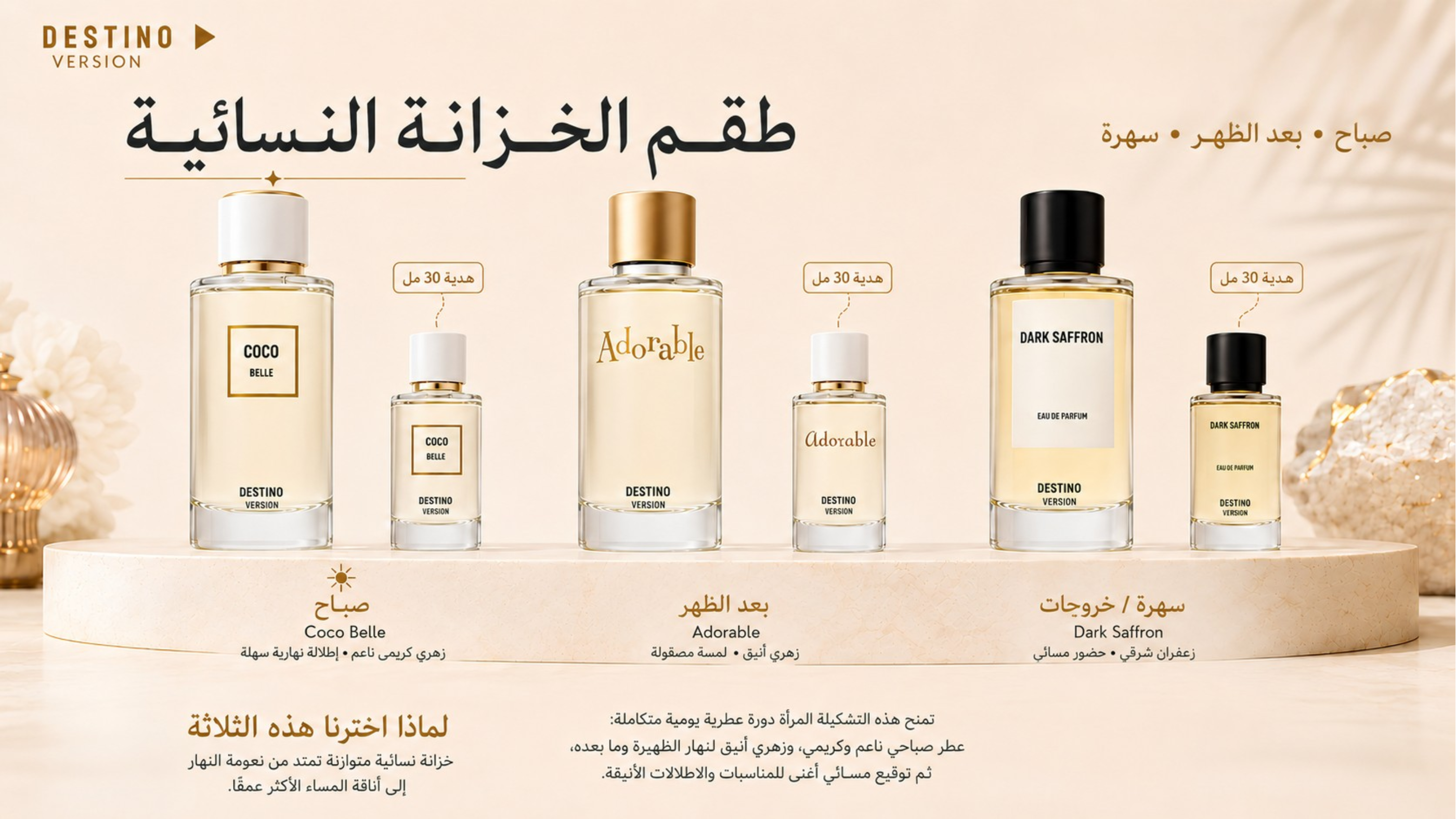 تشكيلة العطور النسائية المتكاملة من DESTINO وتضم ثلاثة عطور بحجم 100 مل وثلاث عبوات هدية بحجم 30 مل