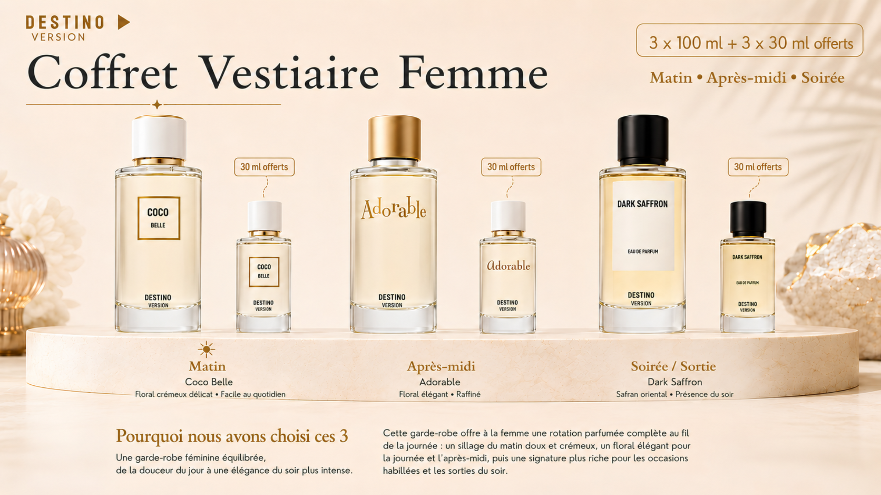 Garde-robe olfactive DESTINO pour femme avec trois parfums de 100 ml et trois miniatures offertes de 30 ml