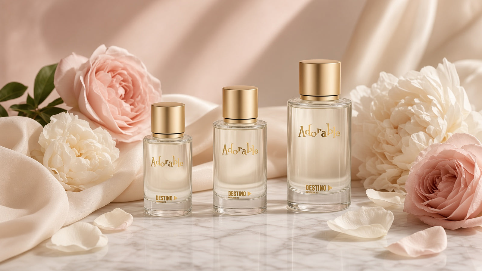 Three clear DESTINO Adorable bottles with gold caps on white marble, surrounded by pink garden roses, cream peonies and scattered petals.
