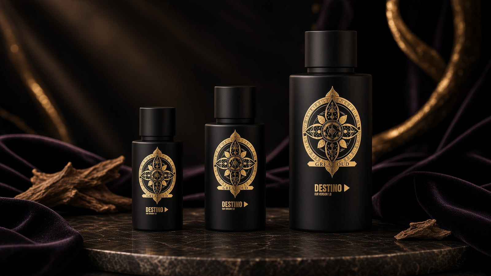 Three black and gold DESTINO Great Oud bottles in 15, 30 and 100 ml on a dark marble plinth with oud wood and deep purple velvet.
