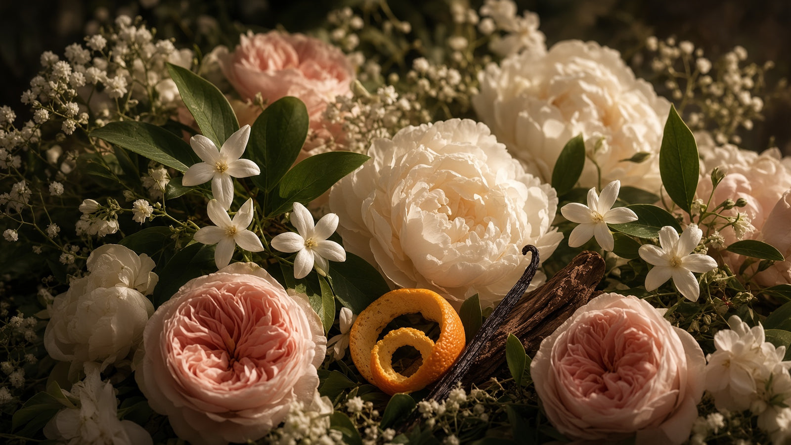 Garden roses, cream peonies, jasmine blossom, orange peel and vanilla pods gathered together in warm light.