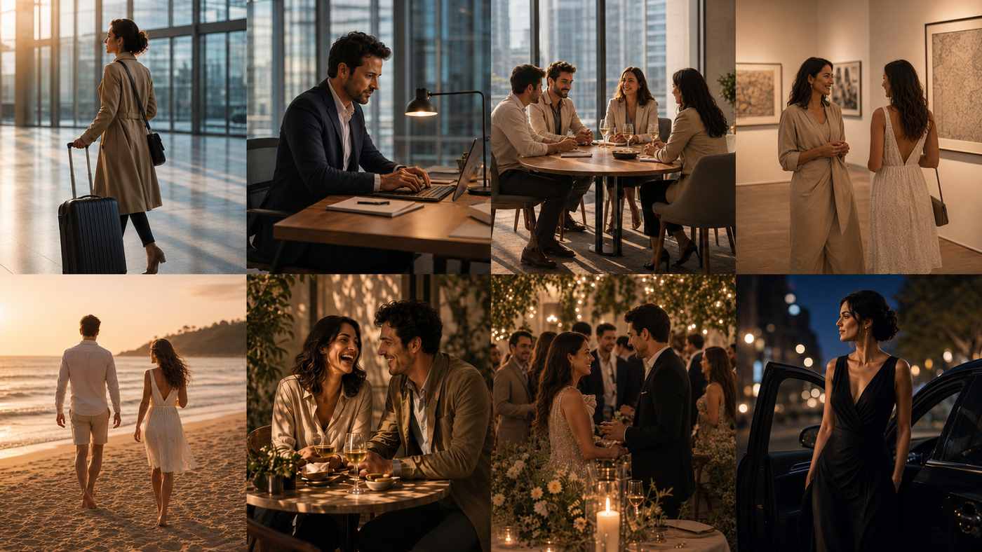 Eight everyday moments — an airport departure, a desk at work, a boardroom meeting, a gallery visit, the beach, a cafe, a celebration and an evening out.