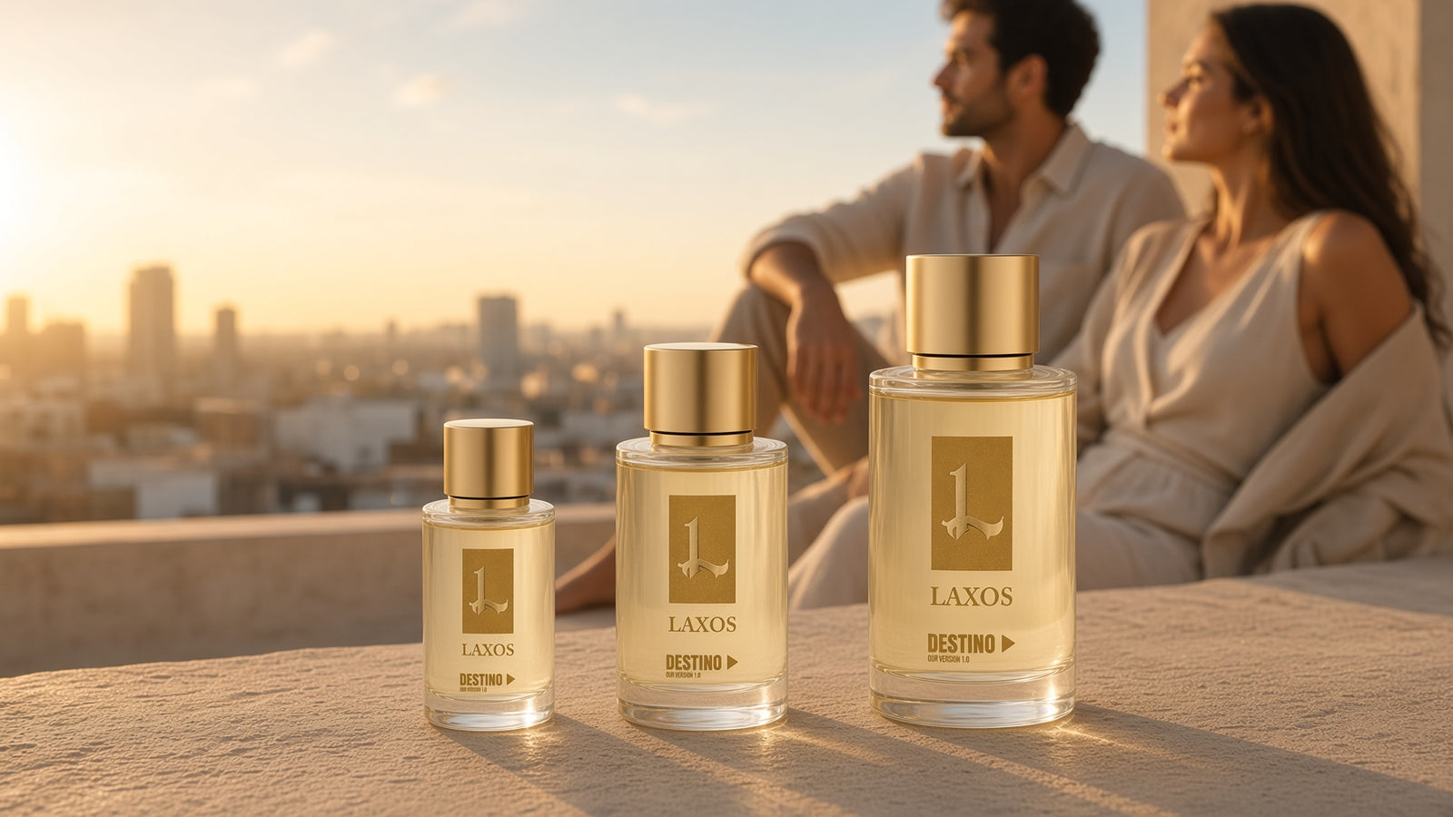 Three DESTINO Laxos bottles on a sunlit stone ledge at golden hour, with a couple and a city skyline softly blurred behind.