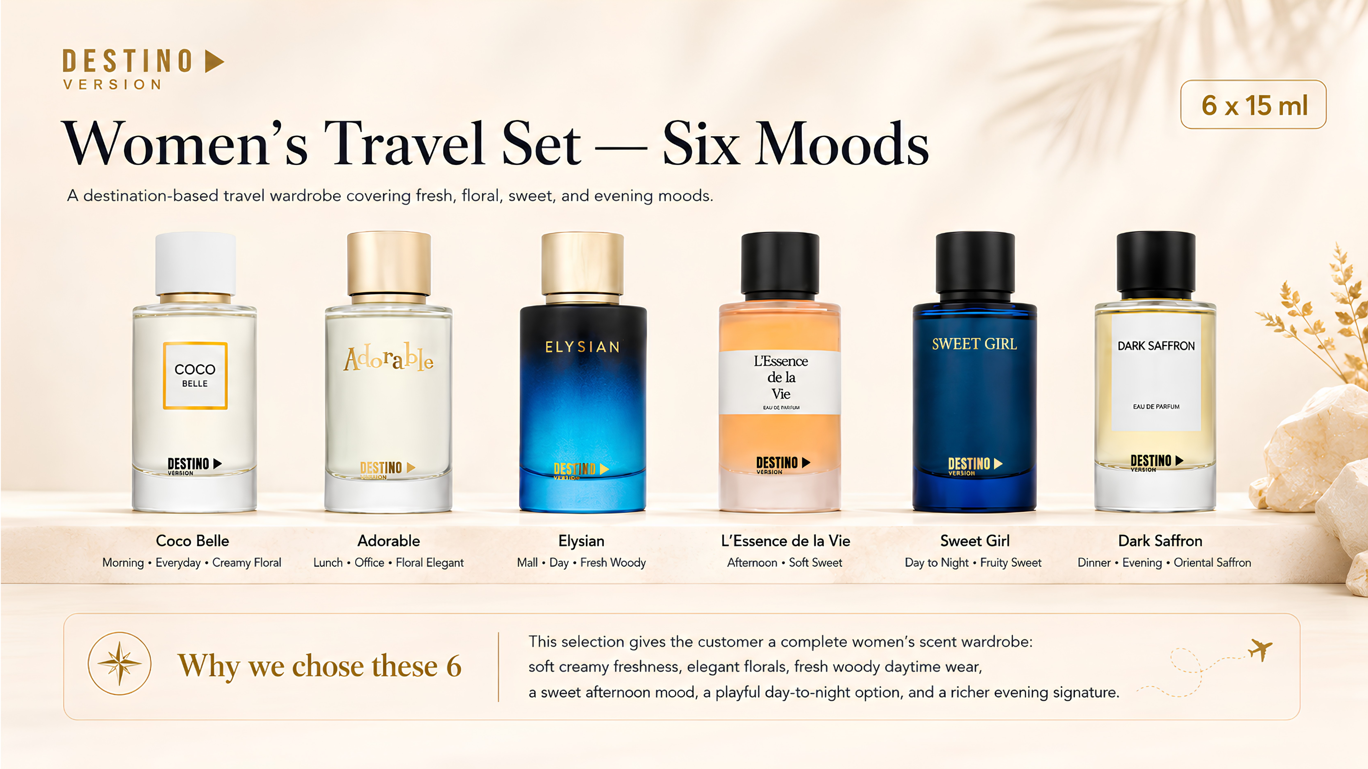 DESTINO Women's Travel Set with six 15 ml fragrances