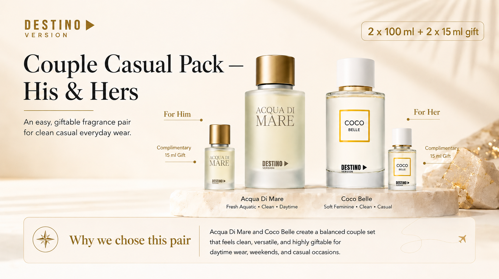 DESTINO Couple Casual Pack with two 100 ml fragrances and two complimentary 15 ml minis