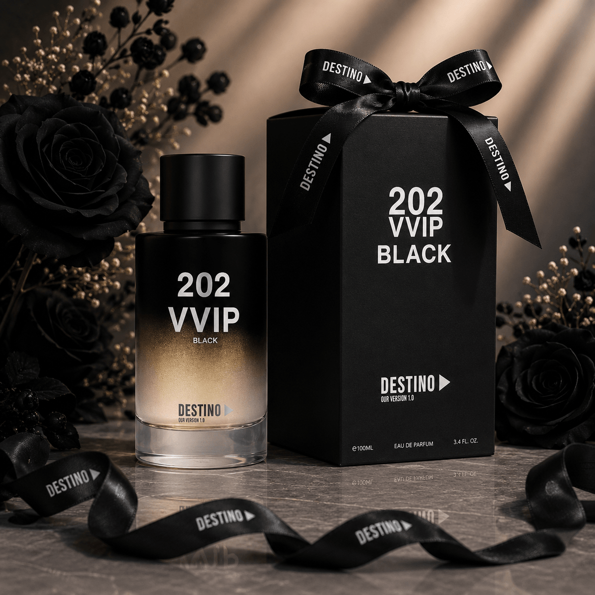 202 VVIP Black bottle beside its black ribbon-tied DESTINO gift box with black roses