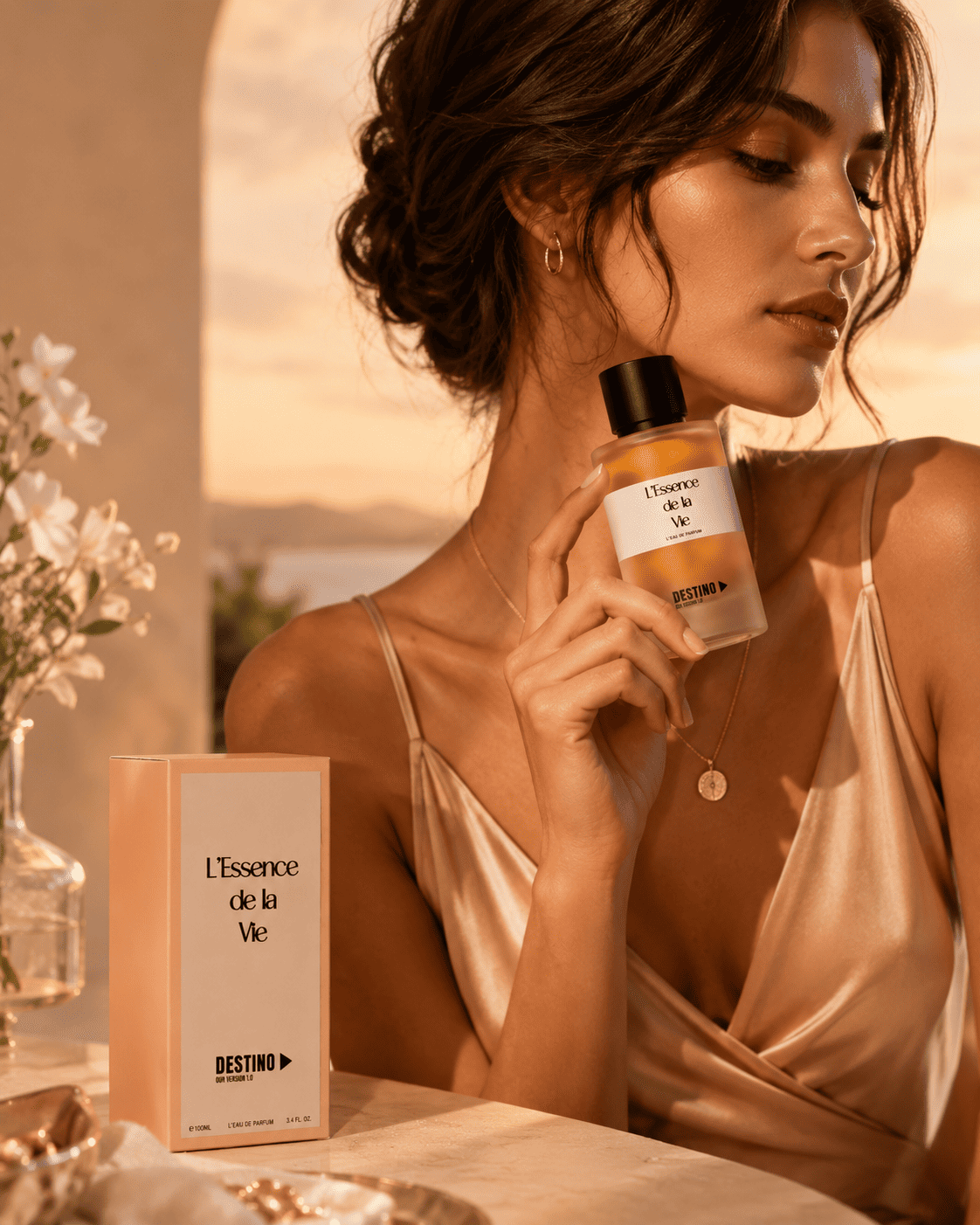 L’Essence de la Vie shown in a lifestyle photograph with a model