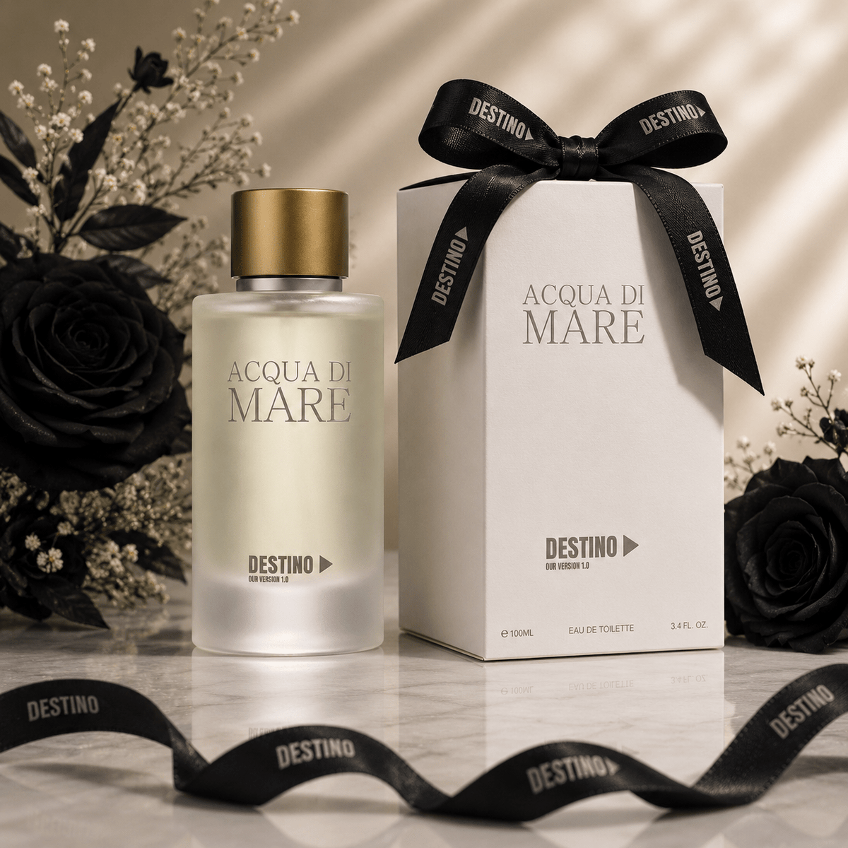 Acqua Di Mare bottle beside its black ribbon-tied DESTINO gift box with black roses
