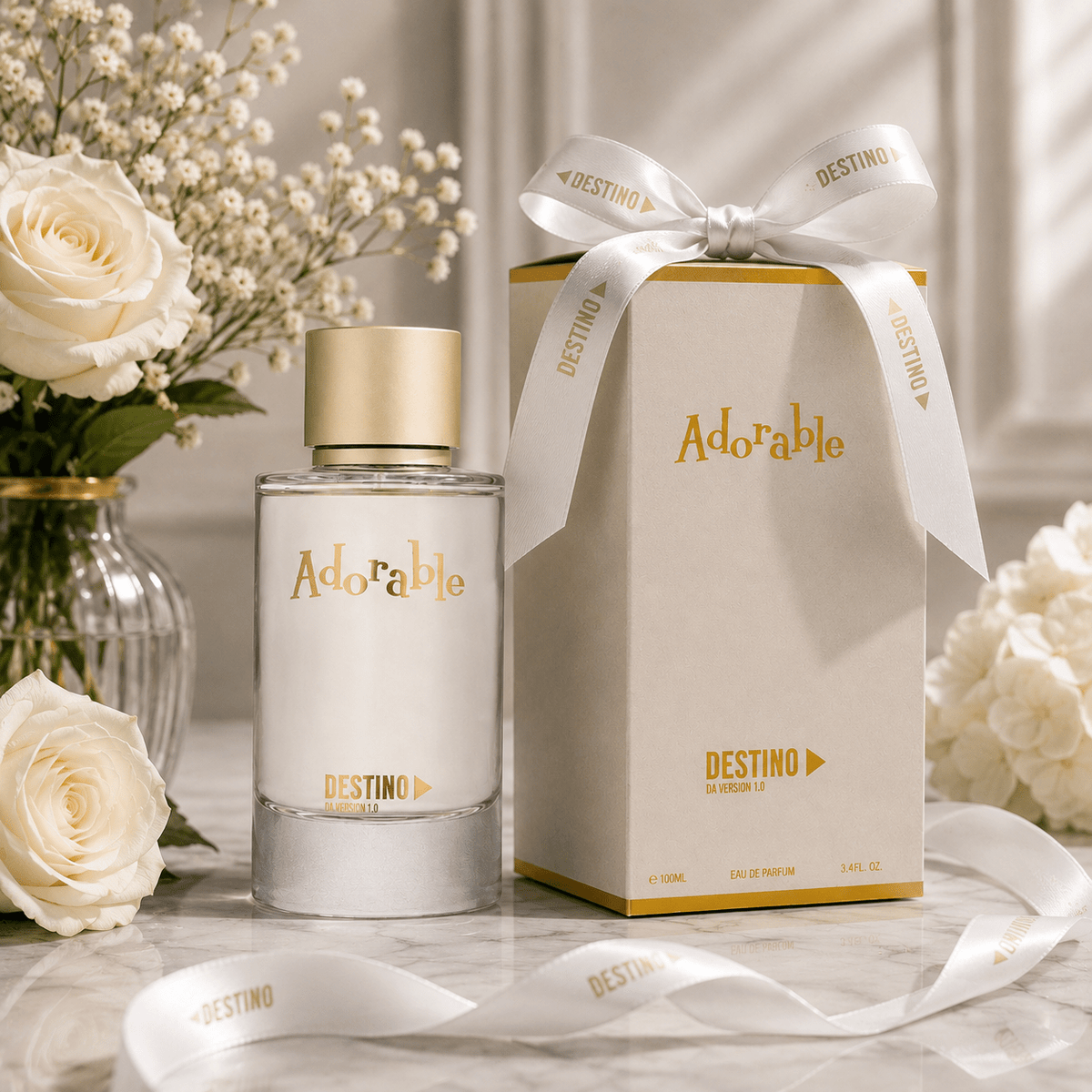 Adorable bottle beside its white ribbon-tied DESTINO gift box with white roses
