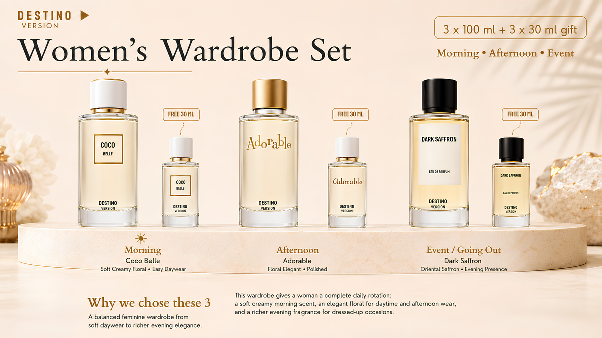 Women's Wardrobe Set by DESTINO — Coco Belle, Adorable and Dark Saffron, 3 x 100 ml with 3 x 30 ml gift bottles