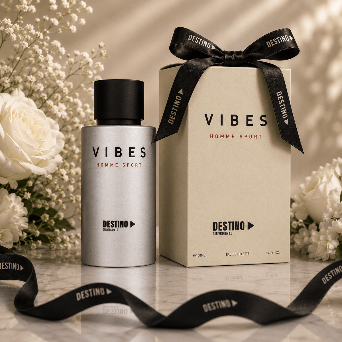 Vibe Allure bottle beside its ribbon-tied DESTINO gift box with white roses