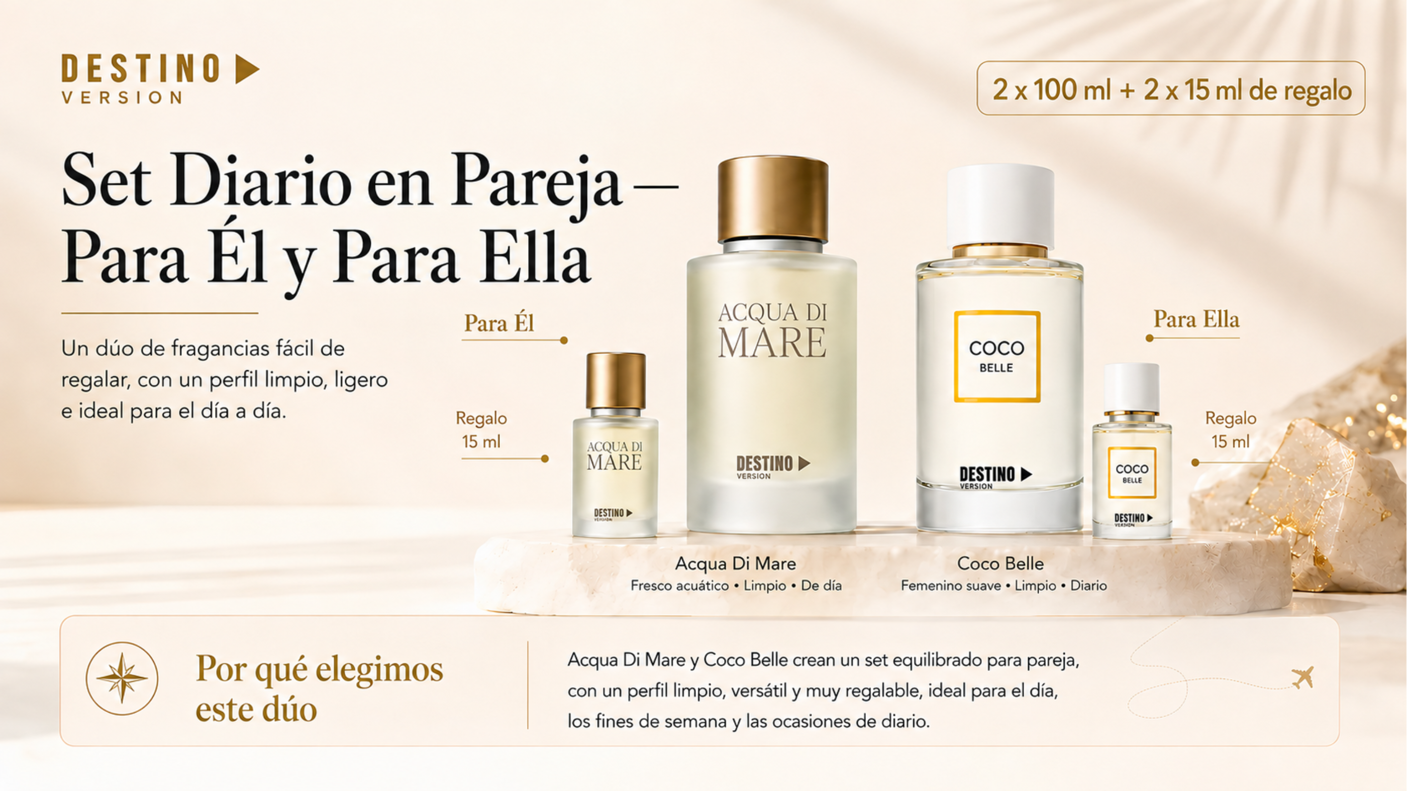 Dúo Diario DESTINO con dos fragancias de 100 ml y dos miniaturas de regalo de 15 ml