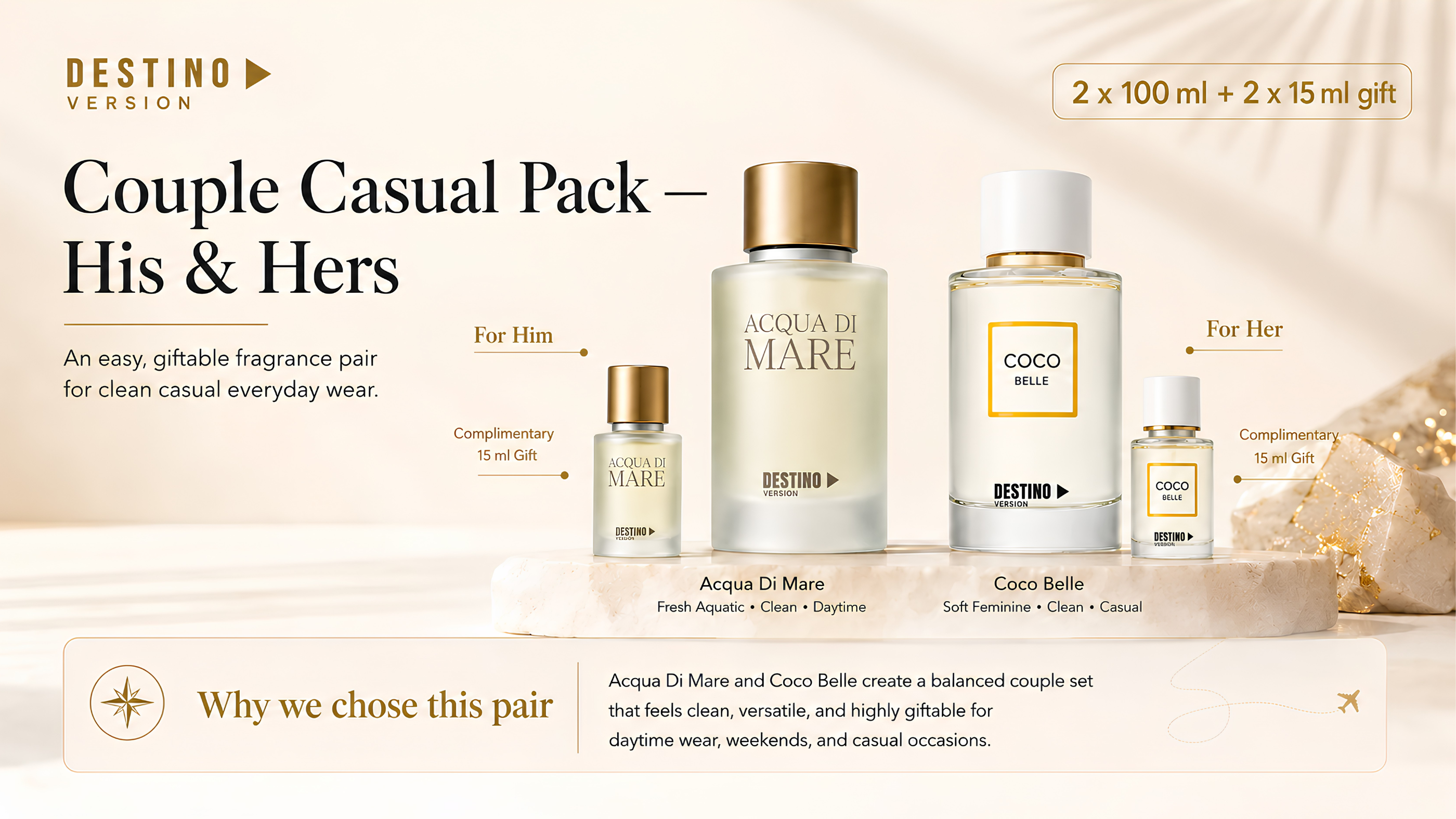 DESTINO Couple Casual Pack with two 100 ml fragrances and two complimentary 15 ml minis