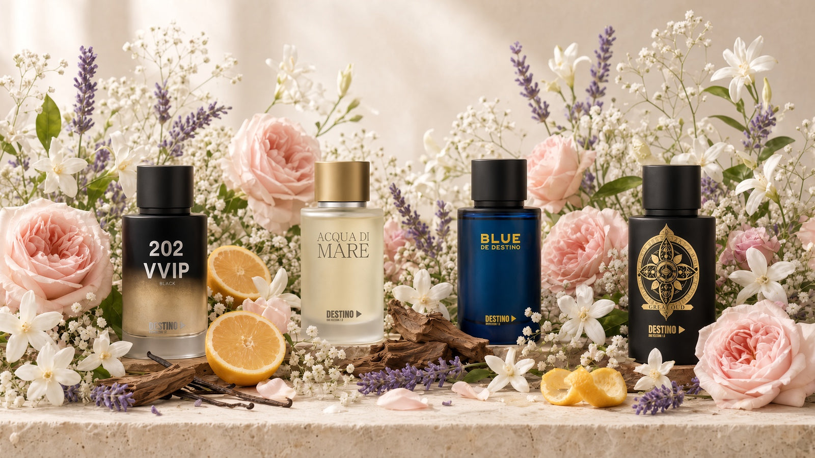 Four DESTINO bottles — 202 VVIP Black, Acqua di Mare, Blue and Great Oud — on a pale stone ledge among roses, jasmine, lavender, lemon and vanilla pods.
